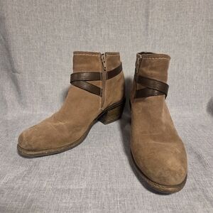 Brown Suede Ankle Boots with Dark Brown Strap Detail